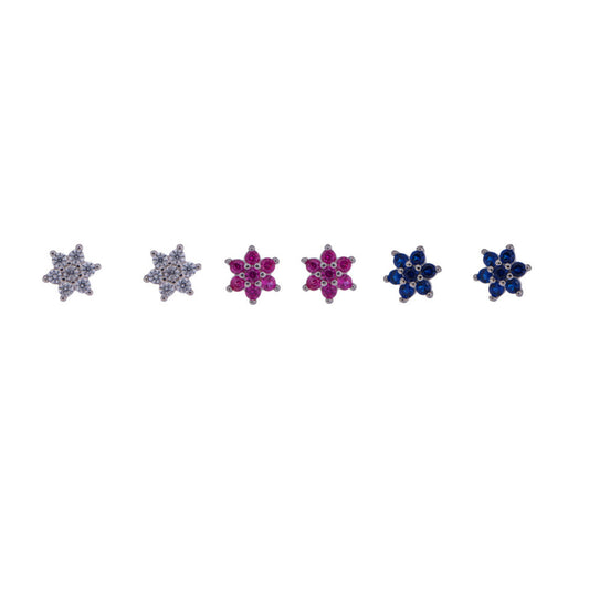 Star pressure earrings in silver, decorated with small white, lilac and blue zircons