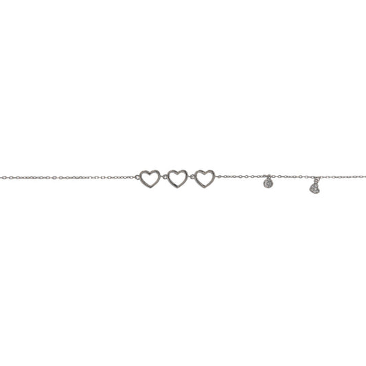 Hearts anklet in silver with white zircons