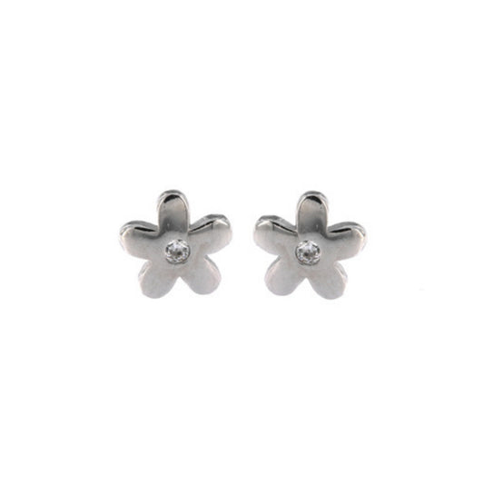 Flower pressure earrings in silver, decorated with small white zircons