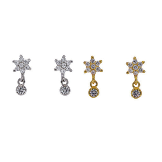 Star stud earrings in silver and gold plated silver, decorated with white zircons