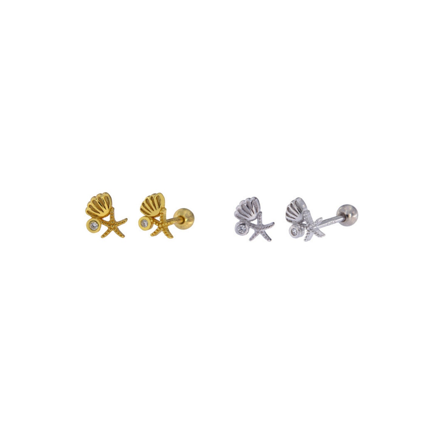 Starfish and Shell Piercing in silver and gold plated silver, adorned with small white zircons