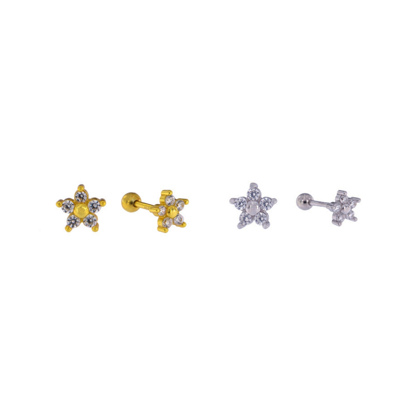 Star piercing in silver and gold plated silver, decorated with small white zircons