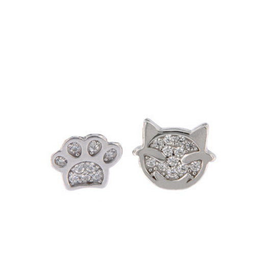 Footprint and Cat Stud Earrings in silver, adorned with small white zircons