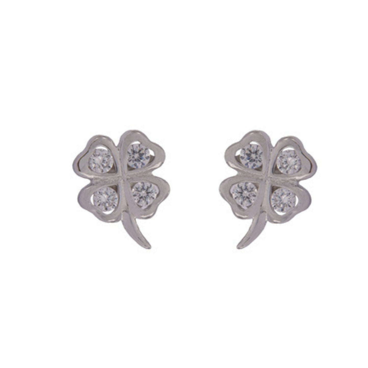 Clover pressure earrings in silver, decorated with small white zircons