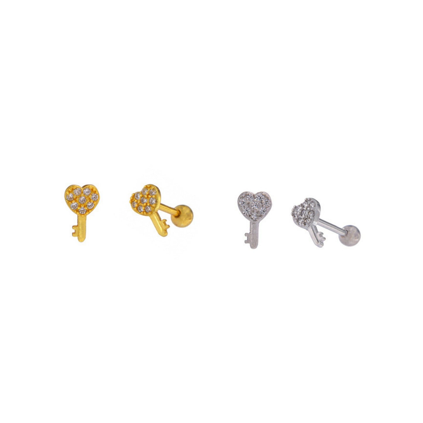 Piercing Key with Heart in silver and gold plated silver, decorated with small white zircons