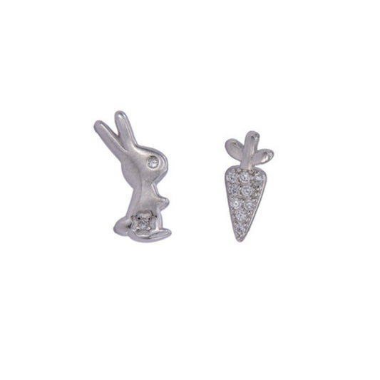 Rabbit and Carrot Stud Earrings in silver, adorned with small white zircons