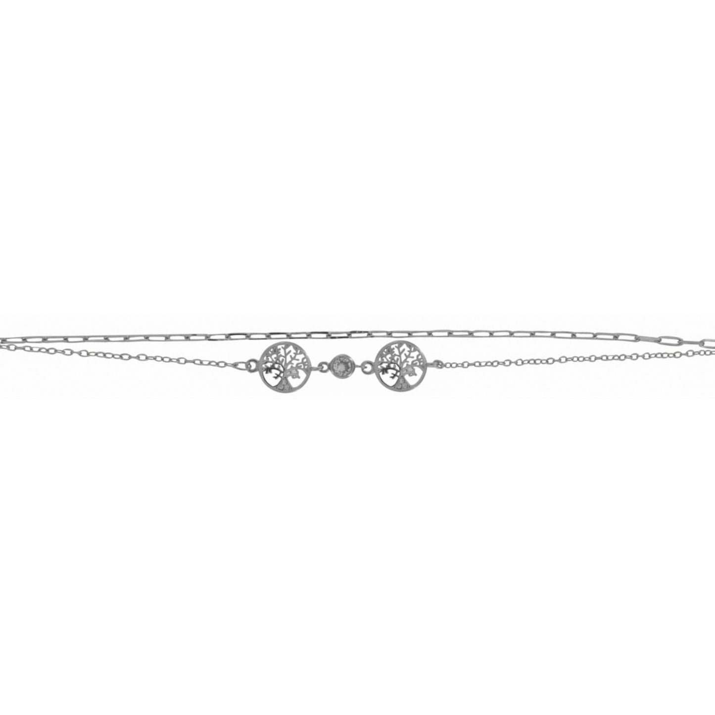 Pulsera Doble Cadena Árbol de la Vida en plata con circonita blanca