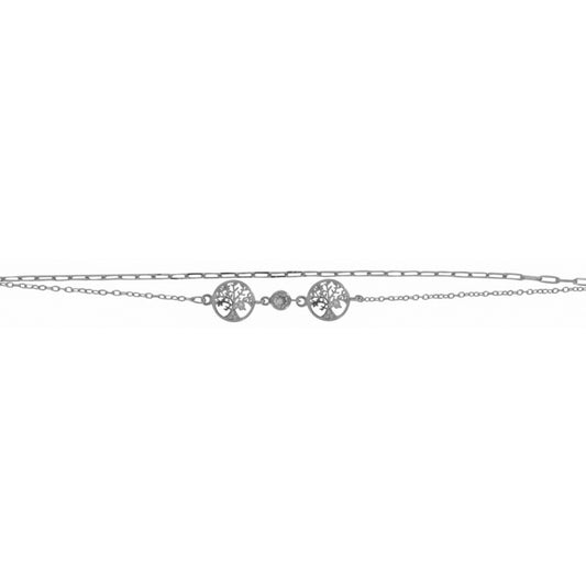 Pulsera Doble Cadena Árbol de la Vida en plata con circonita blanca