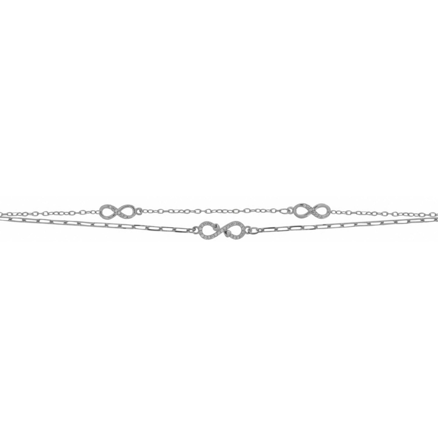 Pulsera Doble Cadena Infinitos en plata con circonitas blancas