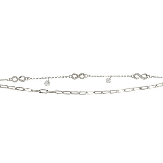 Pulsera Doble Cadena Infinitos en plata con circonitas blancas