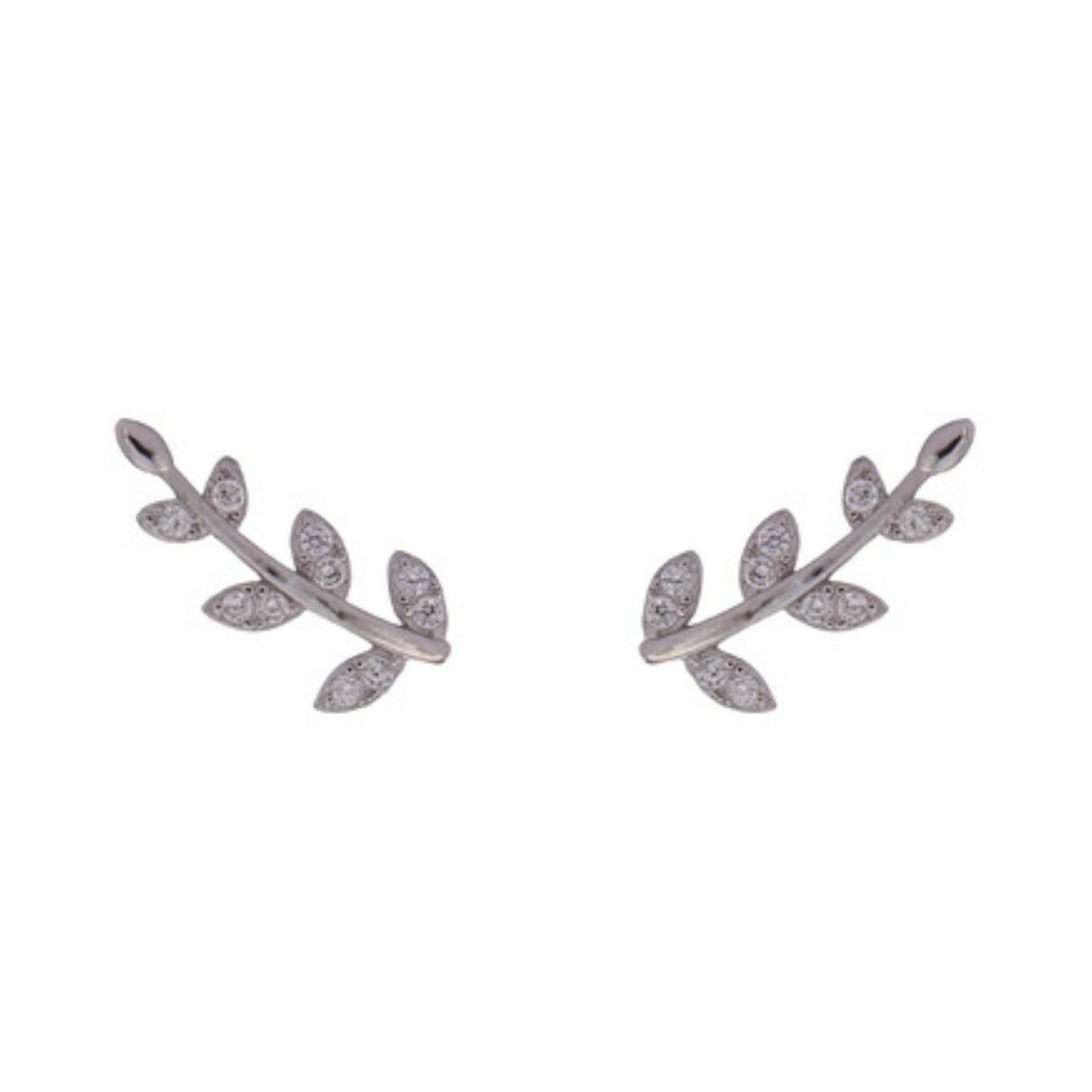 Leaf pressure earrings in silver, decorated with small white zircons