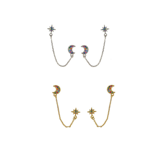 Pendientes con cadena estrella y luna en plata y plata bañada en oro, adornados con circonitas de colores