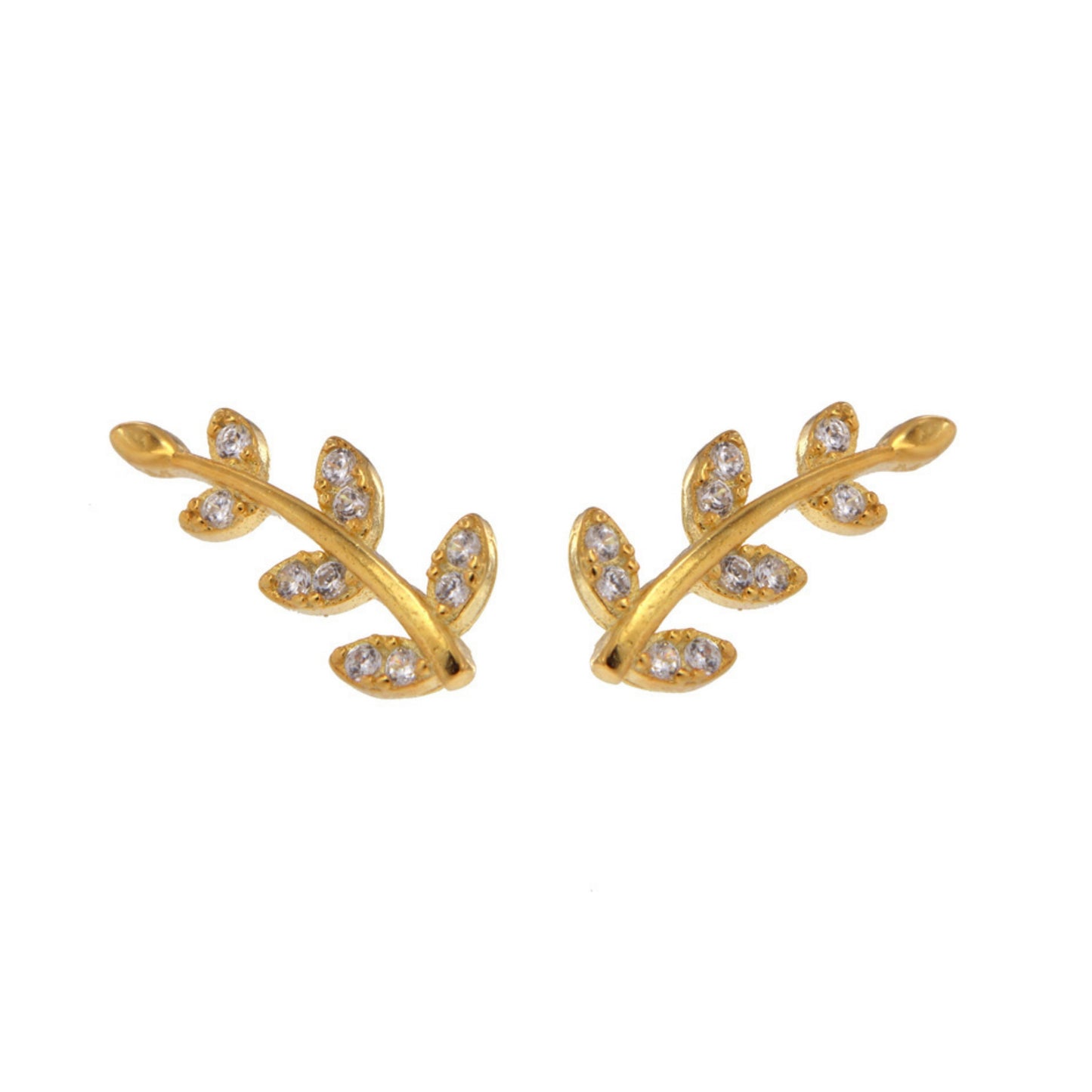 Leaf pressure earrings in gold-plated silver, decorated with small white zircons