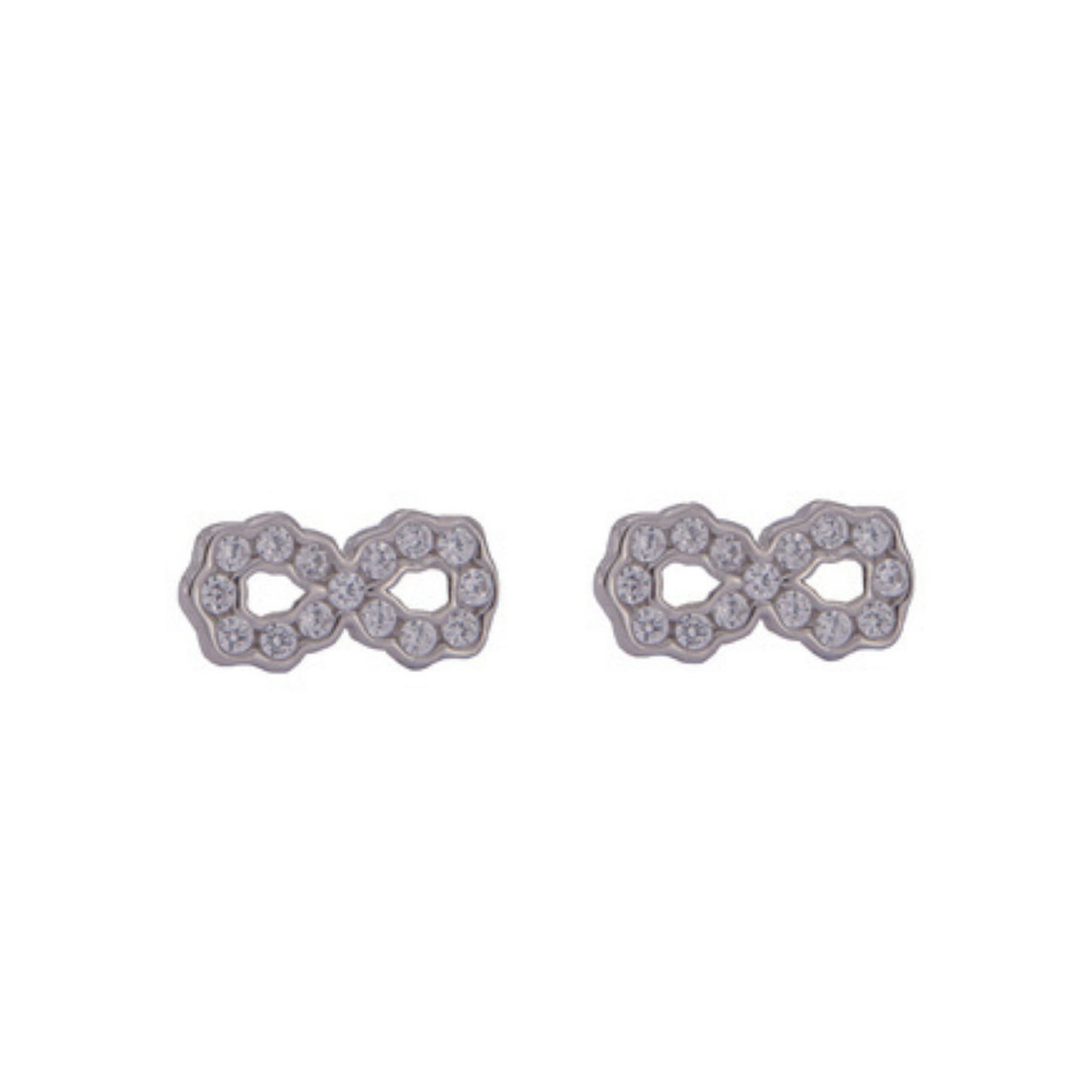 Infinity pressure earrings in silver, decorated with small white zircons