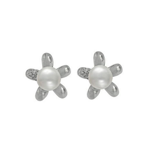 Pendientes de Perlas, con forma de flores, adornado con circonitas blancas