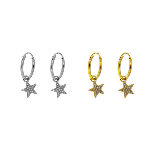 Pendientes Aros estrellas en plata y plata bañada en oro, adornados con pequeñas circonitas blancas