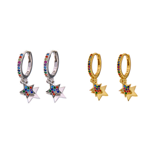 Pendientes Aros estrellas en plata y plata bañada en oro, adornados con pequeñas circonitas colores