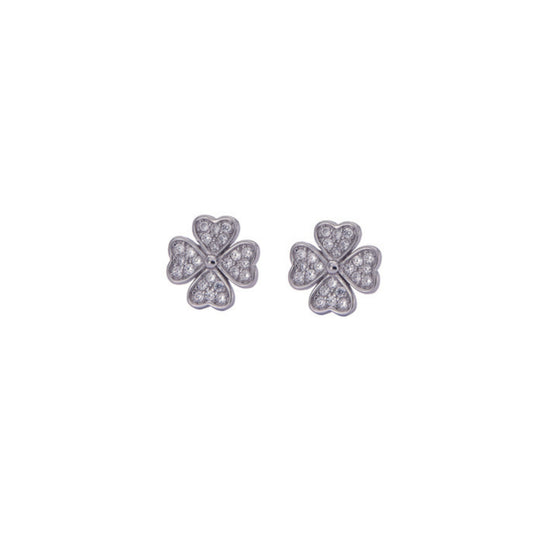 Clover pressure earrings in silver, decorated with small white zircons