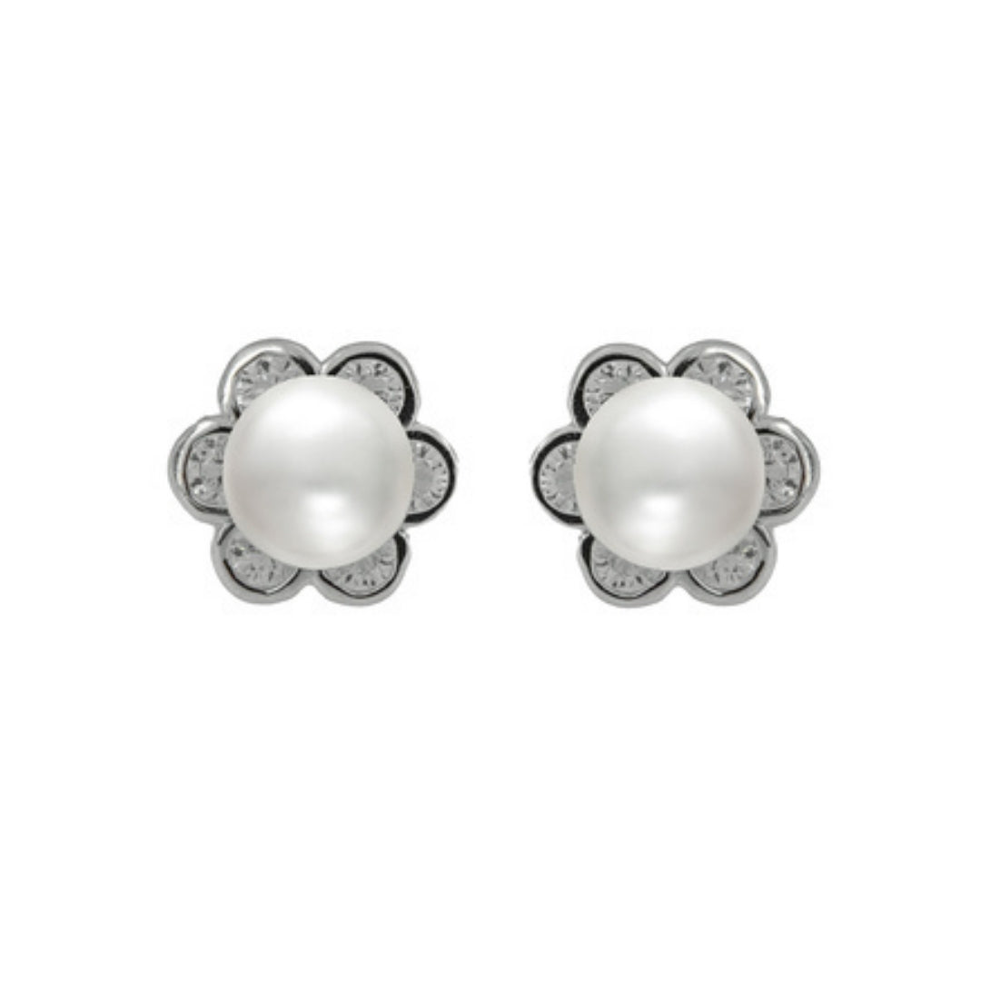 Pendientes de Perlas, con forma de flores, adornado con circonitas blancas