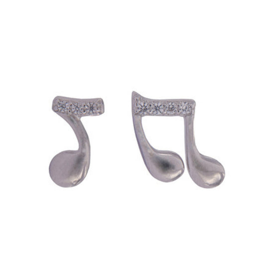 Music Notes Pressure Earrings in silver, adorned with small white zircons