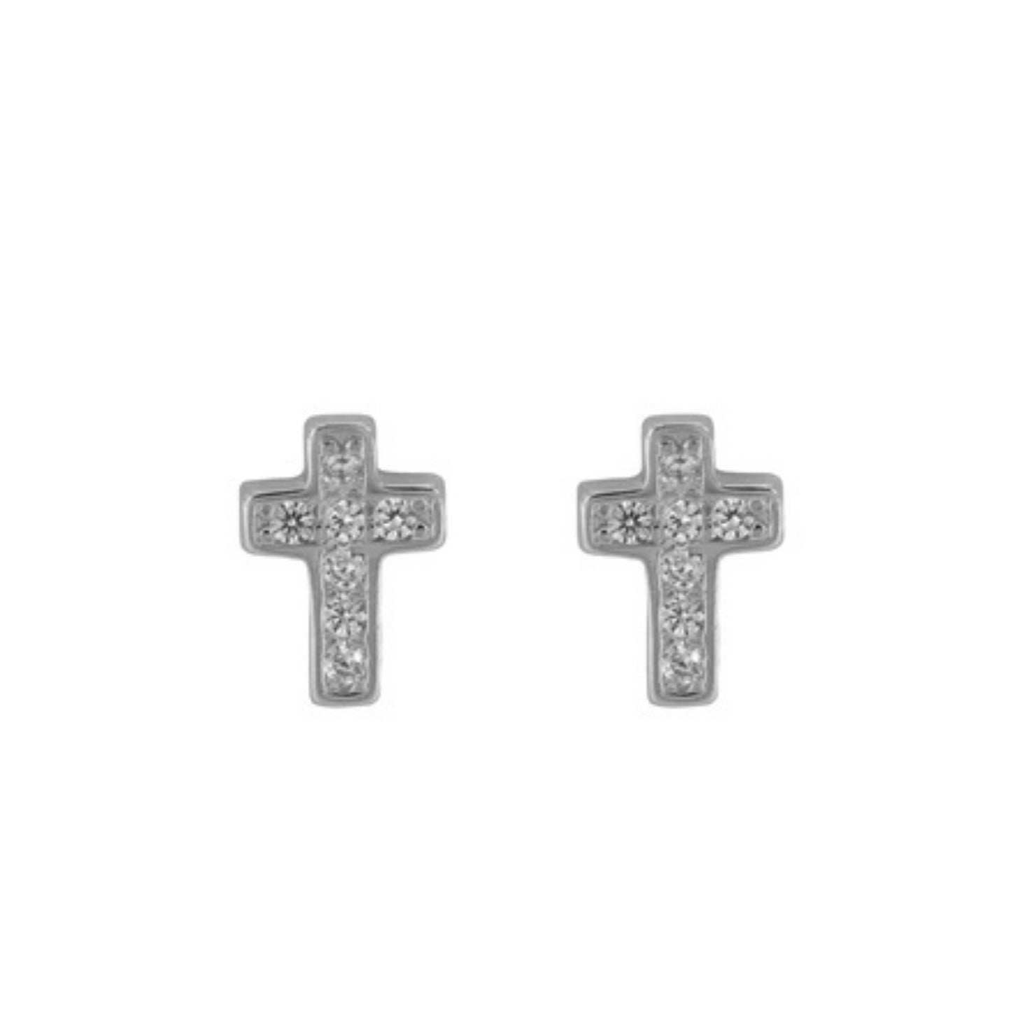 Cross pressure earrings in silver, decorated with small white zircons