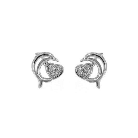 Dolphin pressure earrings with a heart in silver, decorated with small white zircons