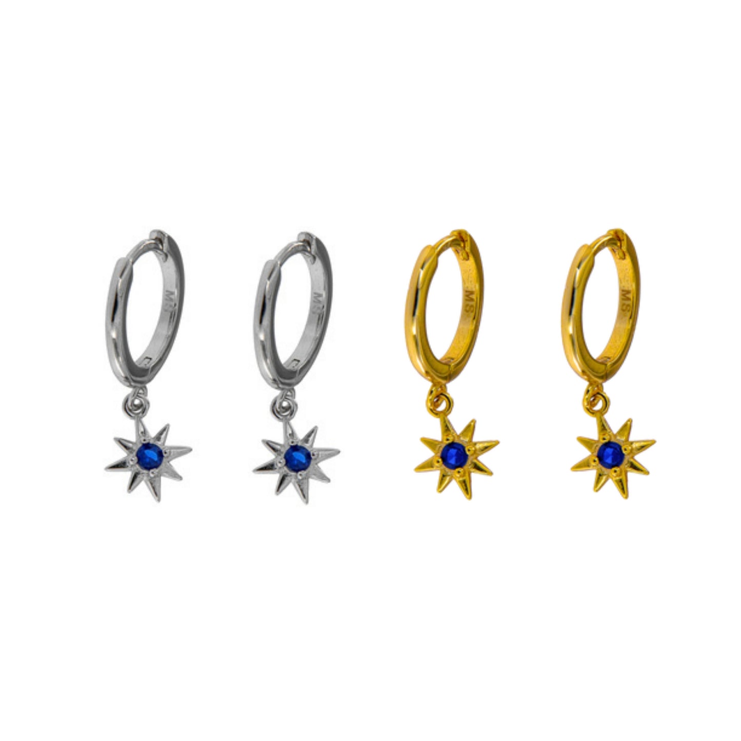 Pendientes Aros estrella con circonita azul en plata y plata bañada en oro