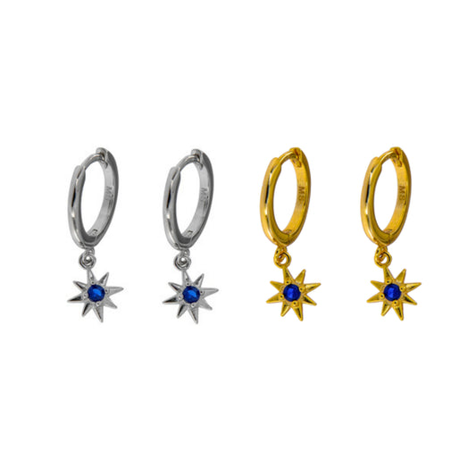 Pendientes Aros estrella con circonita azul en plata y plata bañada en oro