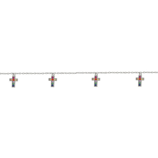 Pulsera Cruces en plata con circonitas de colores