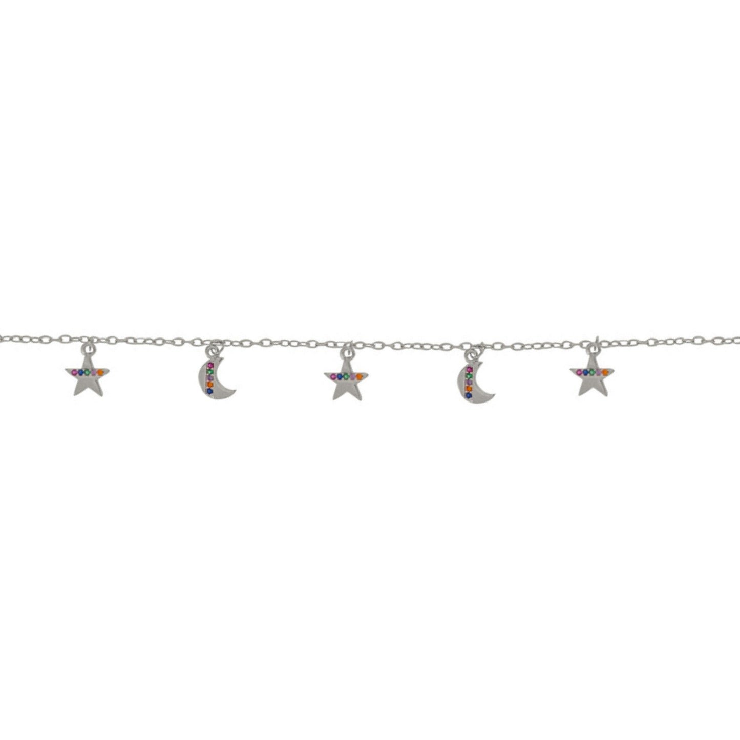 Pulsera Lunas y Estrellas en plata con circonitas de colores