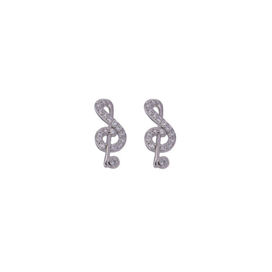 Treble Clef Stud Earrings in silver, adorned with small white zircons