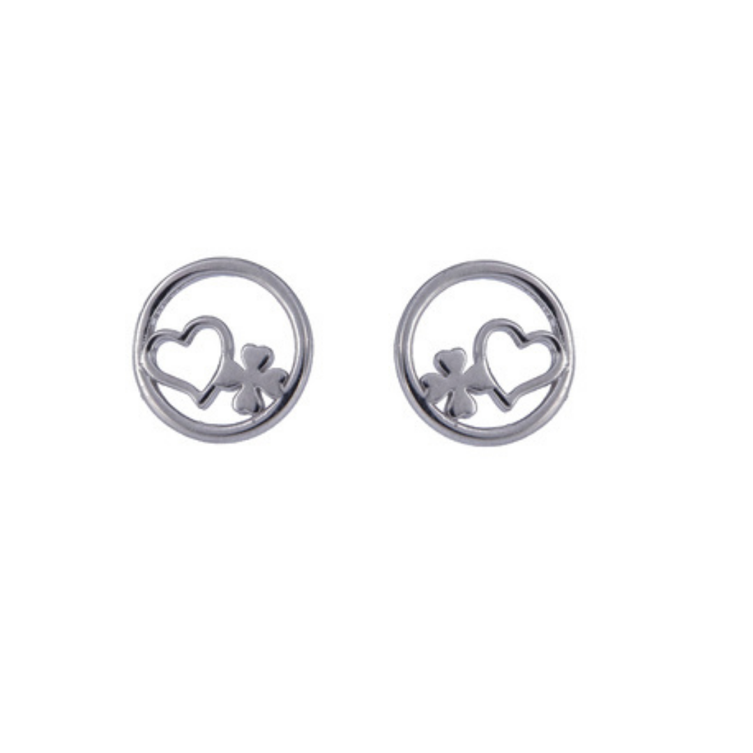 Heart and Clover Stud Earrings in Silver