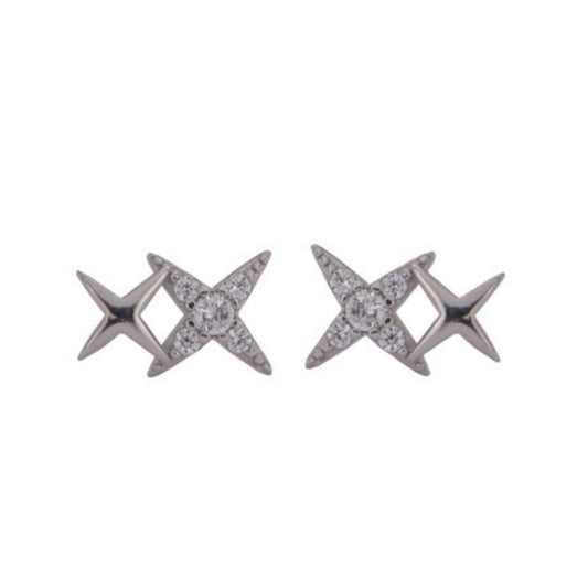 Silver star pressure earrings, decorated with small black and white zircons