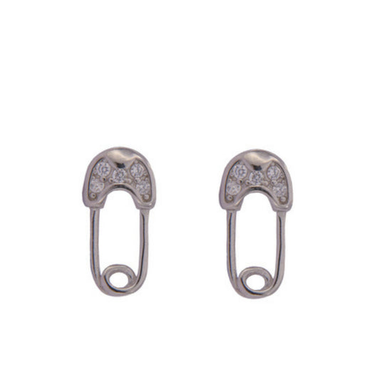 Silver pin stud earrings, adorned with small white zircons