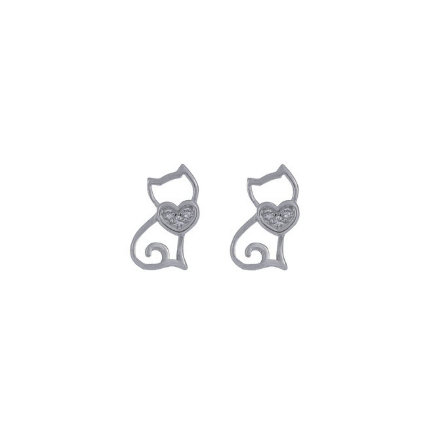 Cat with heart pressure earrings in silver, adorned with small white zircons