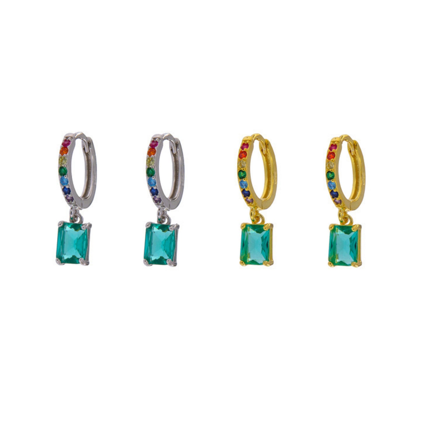 Pendientes de Aros con circonitas cuadradas azules en plata y plata bañada en oro, adornados con pequeñas circonitas colores