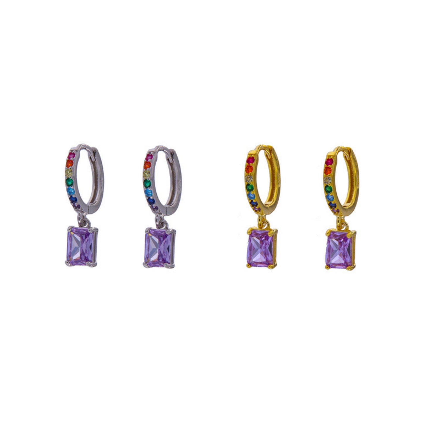 Hoop earrings with lilac square zircons in silver and gold plated silver, decorated with small colored zircons