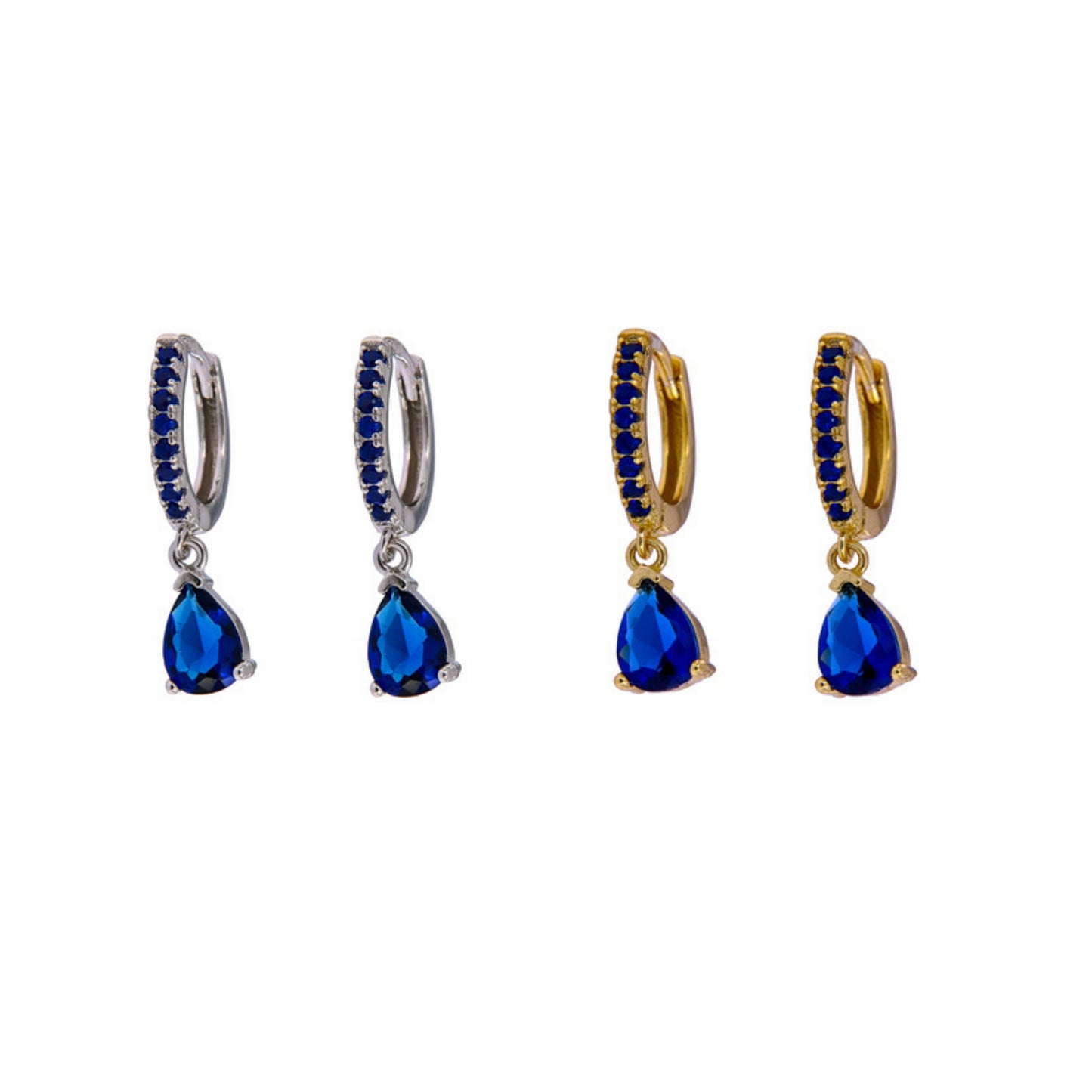 Hoop earrings with blue zirconia teardrops in silver and gold-plated silver, decorated with small blue zirconia