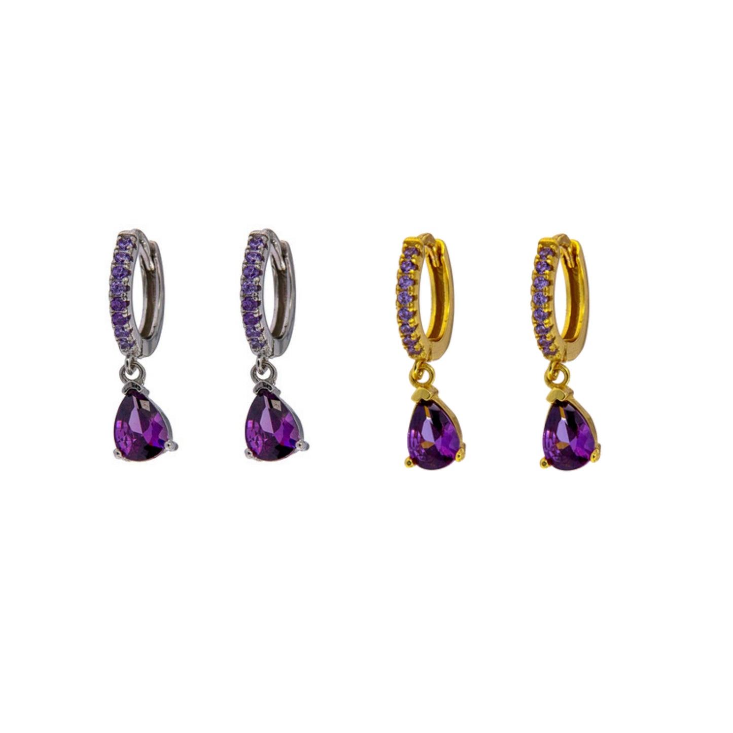 Pendientes Aros lágrimas de circonitas lilas en plata y plata bañada en oro, adornados con pequeñas circonitas lilas