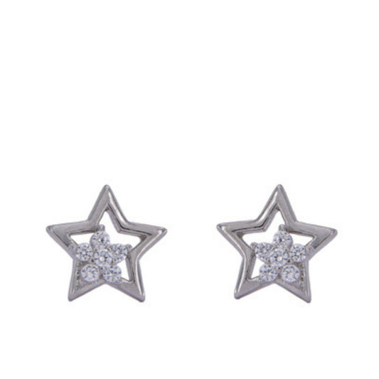 Star and flower pressure earrings in silver, decorated with small white zircons