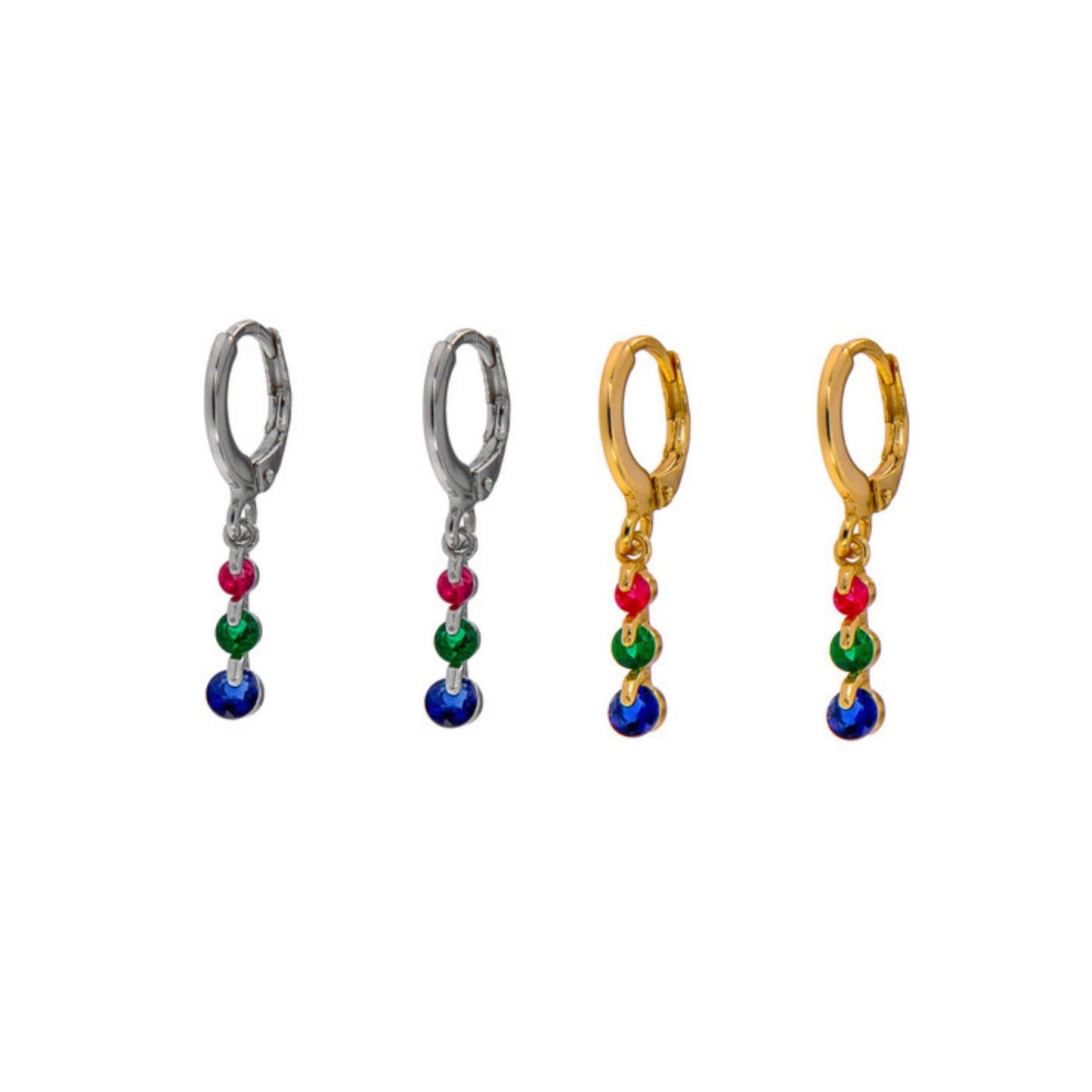 Pendientes de Aros en plata y plata bañada en oro, adornado con circonitas de rosa, verde y azul