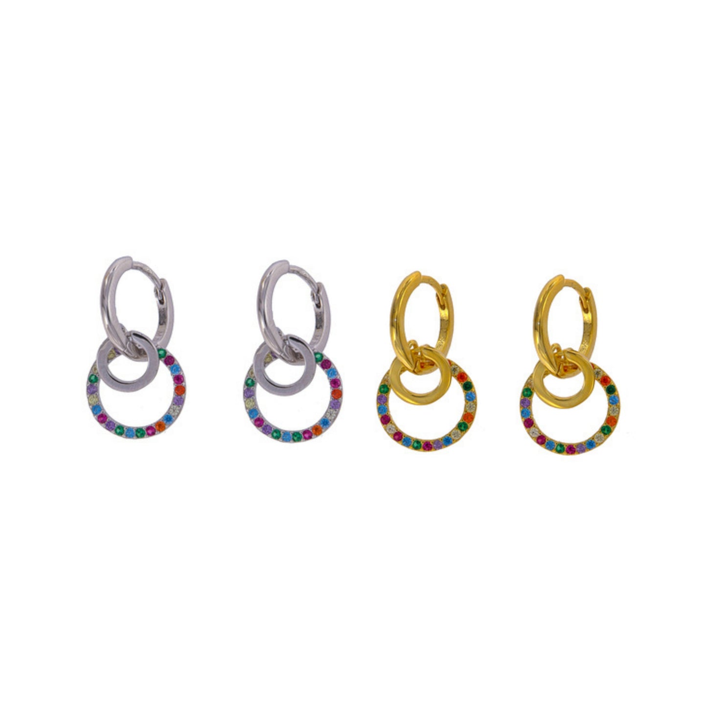 Pendientes de Aros con círculos en plata y plata bañada en oro, adornado con pequeñas circonitas colores