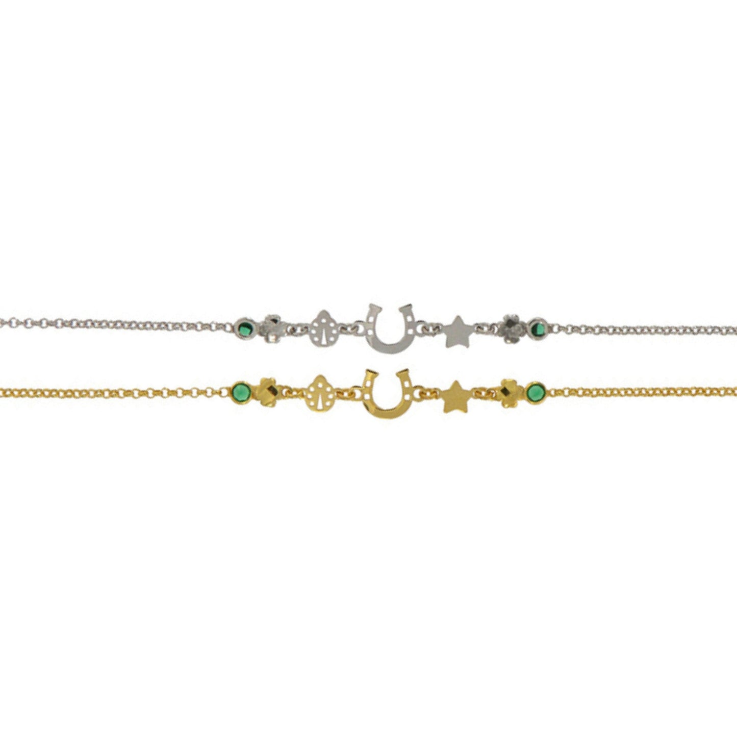 Pulsera con Estrellas, Herradura en plata y plata chapada en oro con circonitas blancas y verdes