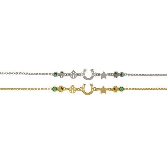 Pulsera con Estrellas, Herradura en plata y plata chapada en oro con circonitas blancas y verdes