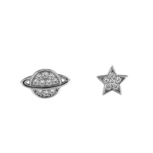 Star and planet pressure earrings in silver, decorated with small white zircons