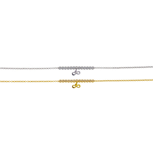 Infinity bracelet in silver and gold-plated beach with white zircons