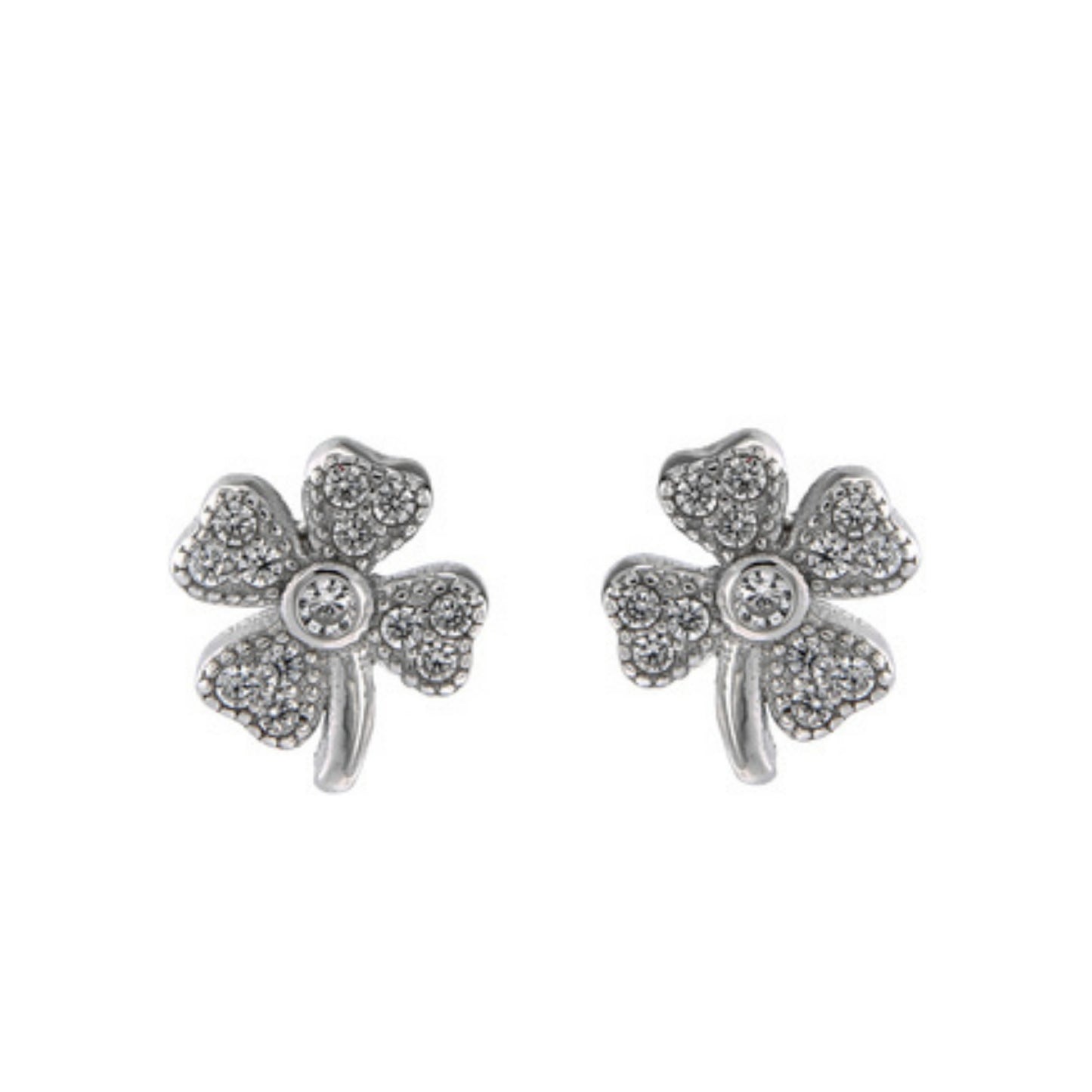 Clover pressure earrings in silver, decorated with small white zircons