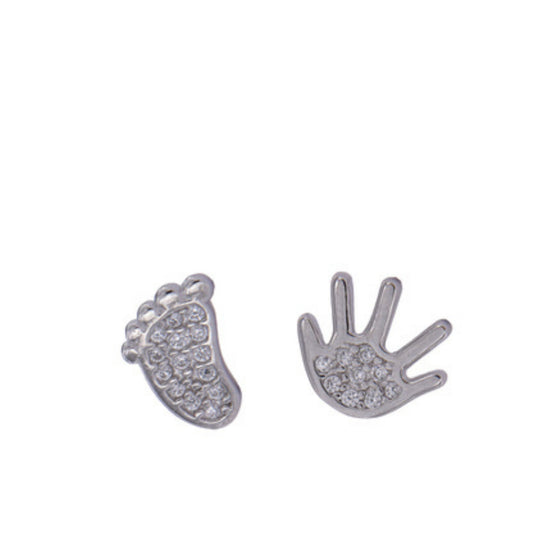 Hand and Foot Pressure Earrings in silver, decorated with small white zircons