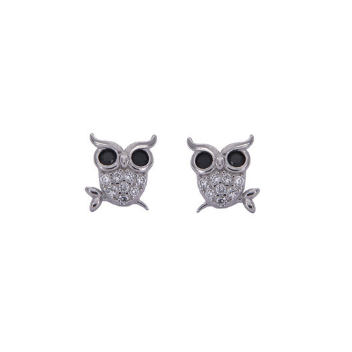 Owl pressure earrings in silver, decorated with white and black zircons