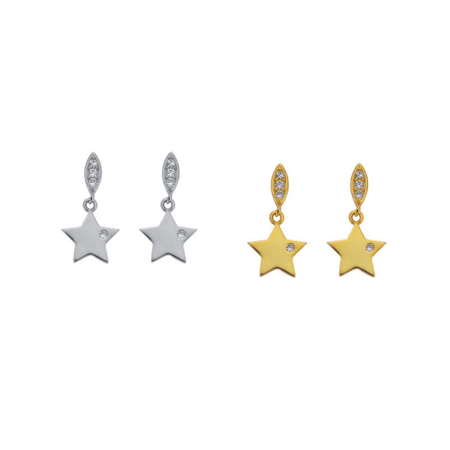 Star pressure earrings in silver and gold-plated silver, decorated with small white zircons